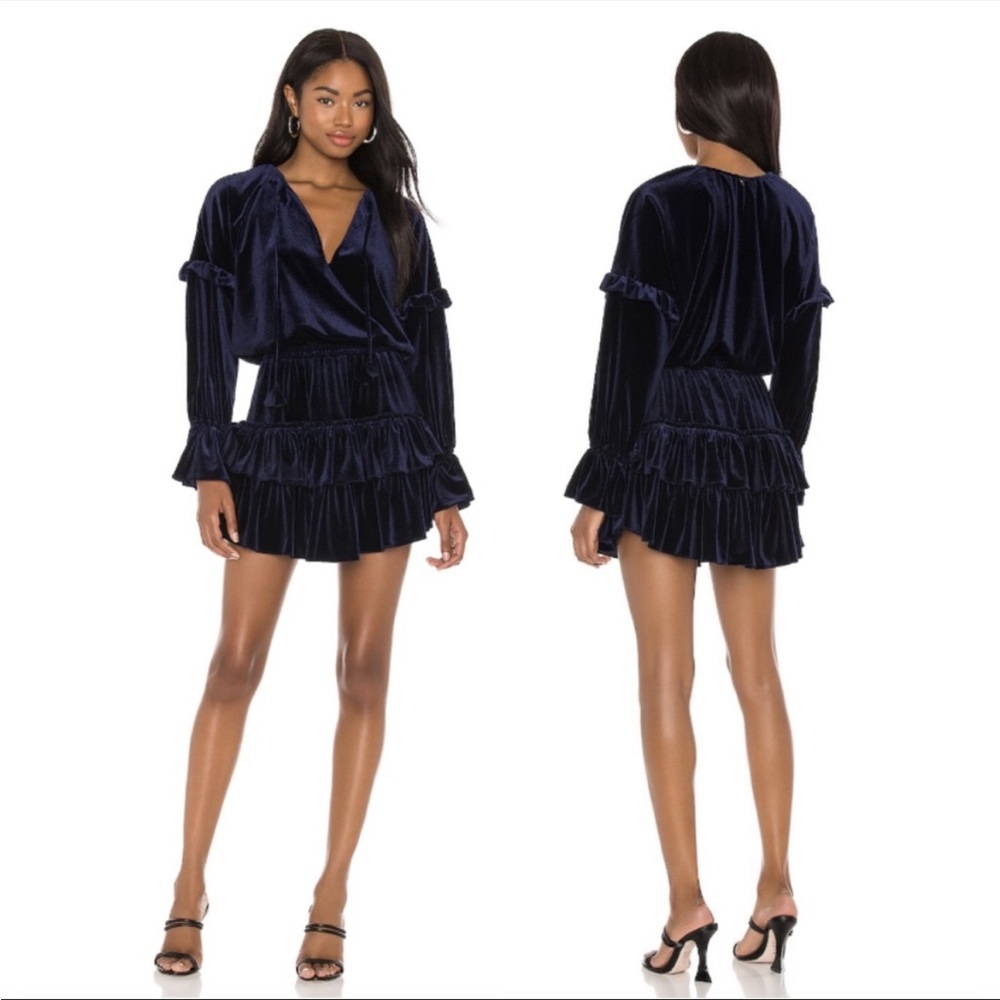 MISA Los Angeles Lorena Blue Velvet Long Sleeve Ruffle Mini Dress